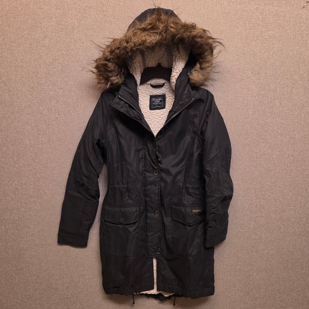 Abercrombie Y2K Black Sherpa Lined Military Parka Faux Fur Hood Small